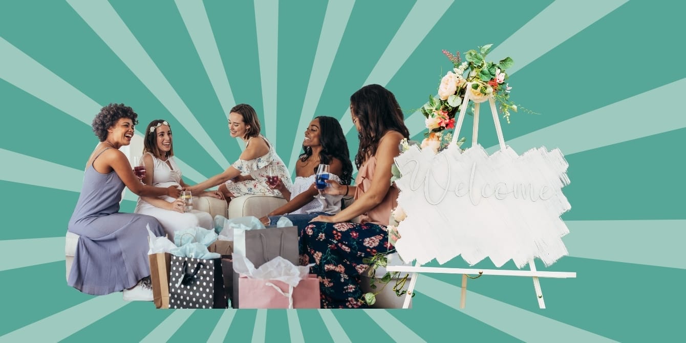 Welcome to baby shower signs: stylish ideas for your celebration Welcome to baby shower signs: A group of women at baby shower sitting down behind a welcome sign