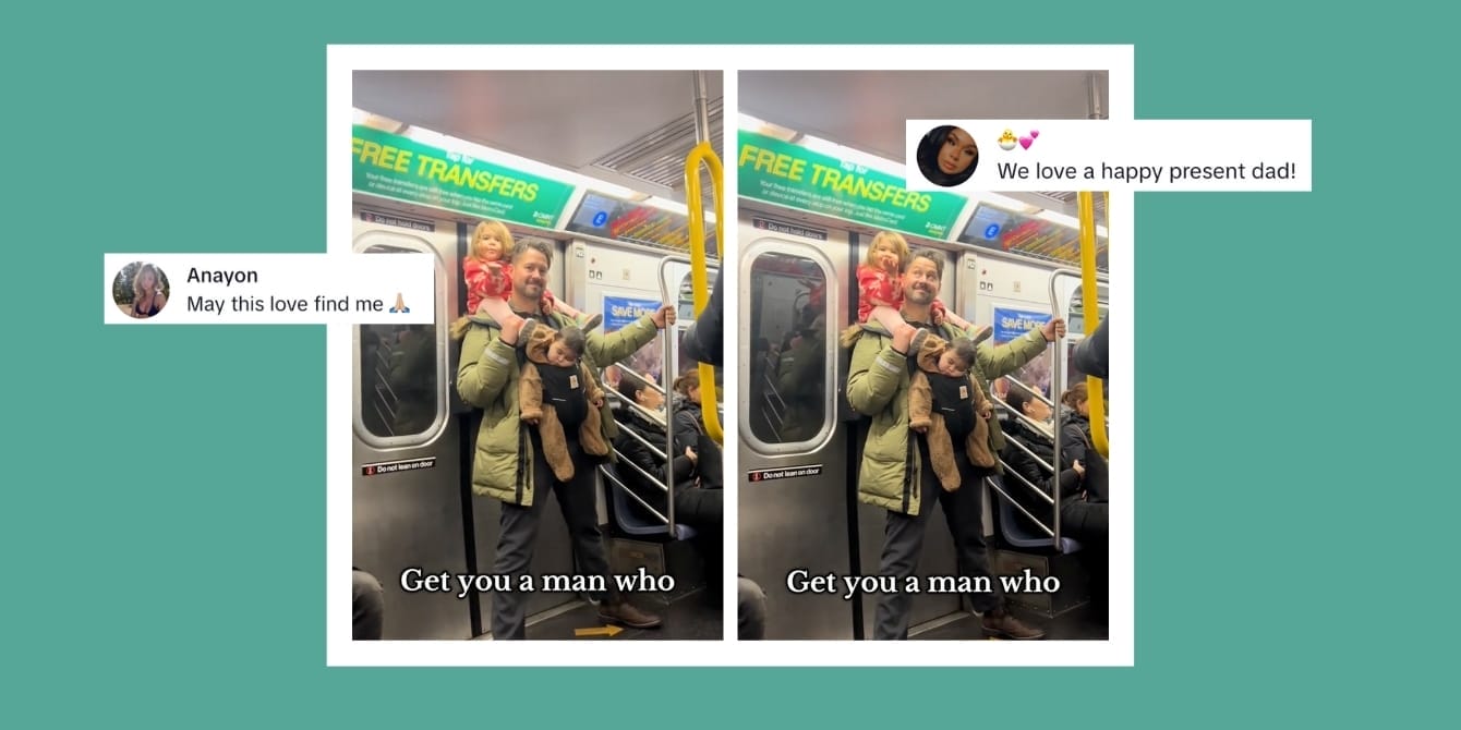 “Get you a man who”: Viral TikTok of dad carrying two kids on the subway has moms swooning Viral TikTok: Teo side-by-side images of a dad on a subway carrying both his children