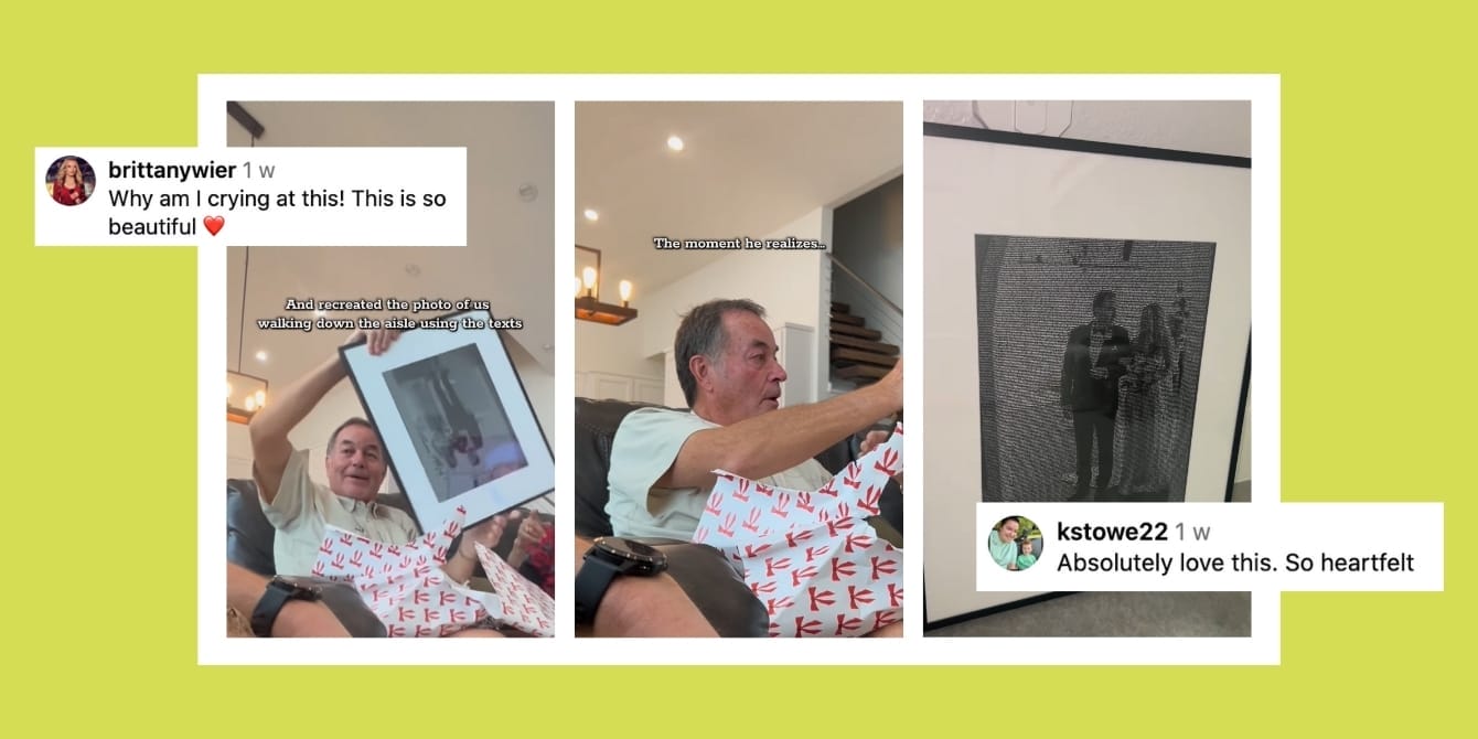 She saved every text her dad sent—then turned them into something unforgettable Instagram: An image of a dad opening a gift from his daughter