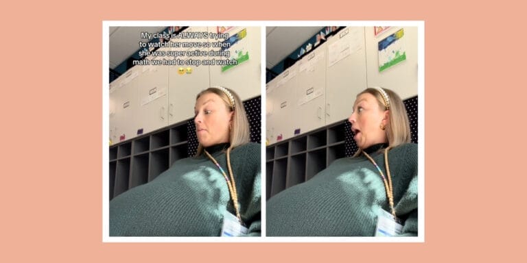 Pregnant teacher pauses math lesson to share a moment with her baby—her students’ reaction says it all Pregnant teacher in the classroom