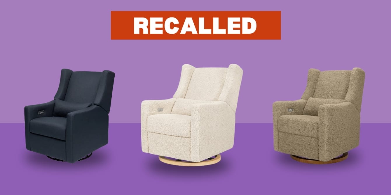 Popular nursery chair recalled for overheating hazard—here’s what parents need to know a group of babyletto chairs on a purple background