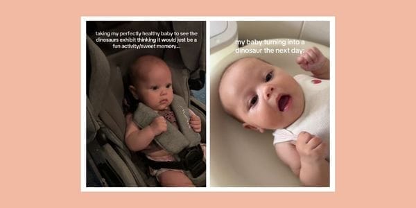 Parents can’t get enough of this baby’s ‘Jurassic’ phase—here’s why it’s actually kind of genius a collage of baby in a car seat mimicking a dinosaur roar