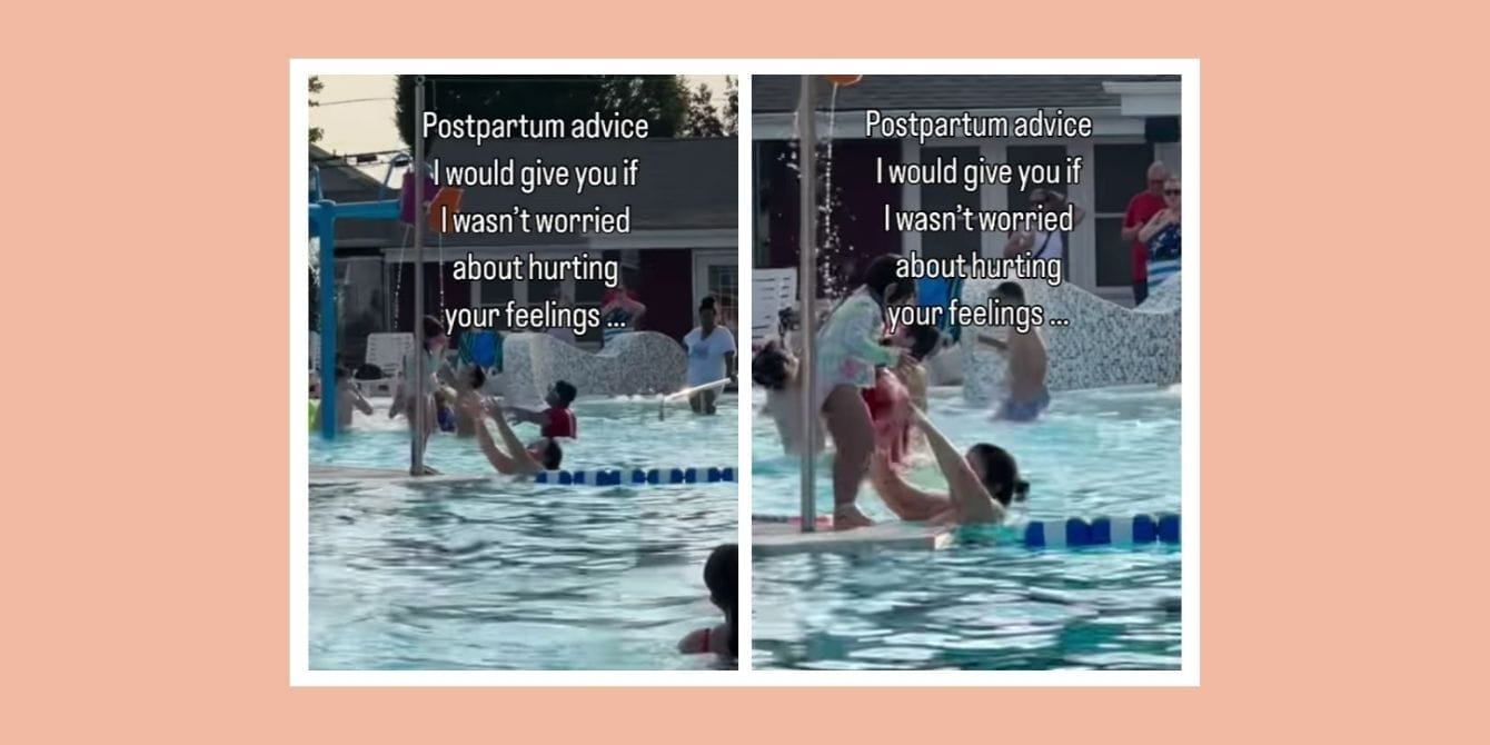 Grieving your pre-baby self? This powerful message is changing how moms see postpartum a collage of people in a pool - Instagram mom shares postpartum advice