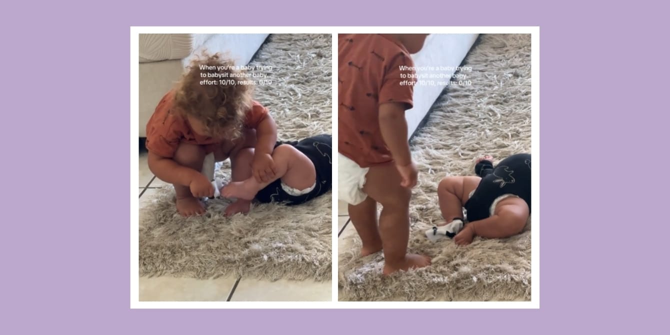 Big sister tries to help dress baby brother—what happens is pure two under two chaos