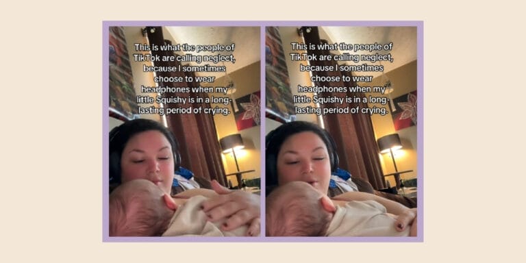 Baby wouldn’t stop crying—and this mom found a way to stay present through the noise mom wearing headphones while parenting