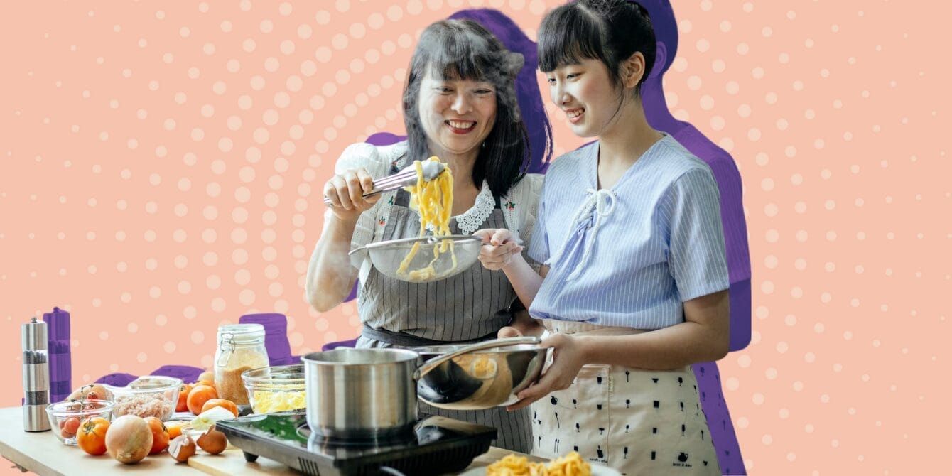 When your tween’s world suddenly gets bigger: a mom-to-mom field guide Mom and tween daughter making food together