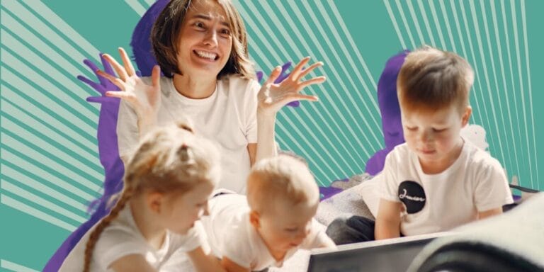 Mom sitting with her three kids looking like she is overwhelmed