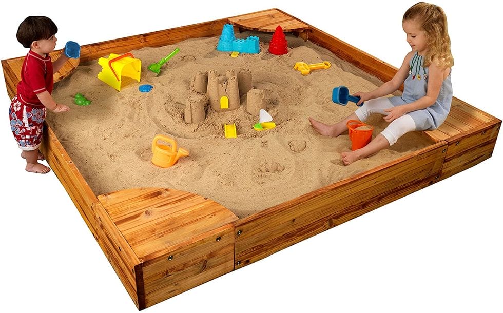 KidKraft Wooden Backyard Sandbox with Built-in Corner Seating and Mesh Cover - Honey